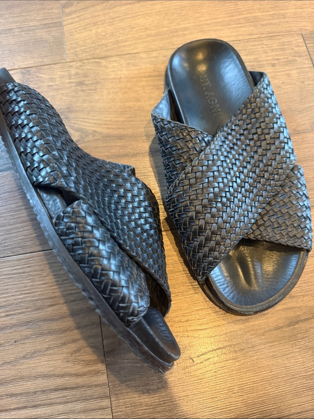 St Agni Criss Cross Woven Leather Black Sandals Shoe Size 38